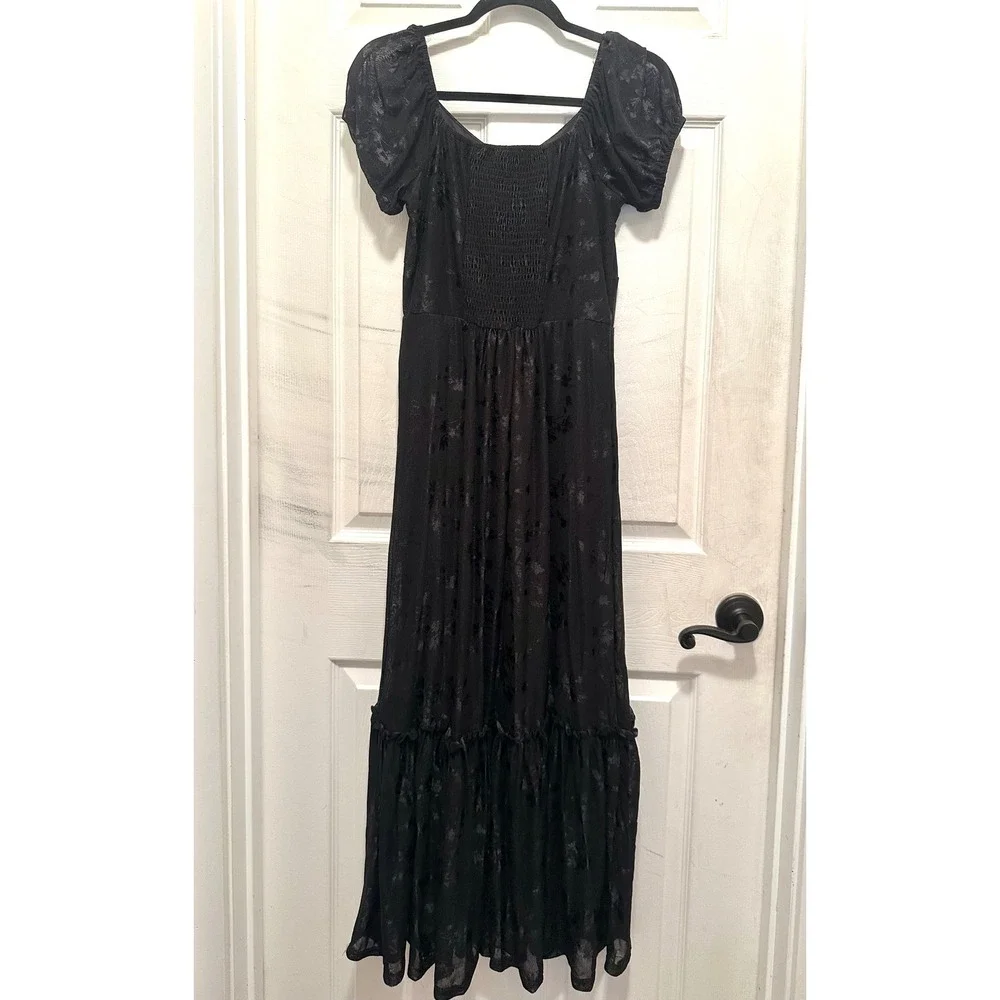 Ember Black Mesh Floral Maxi Dress Short Puff Sleeve Smocked Back S Whimsigoth - Picture 3 of 6